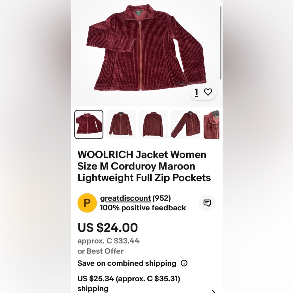 Women’s Woolrich Kinsdale Corduroy Burgundy Full Zip Jacket, Pockets! Size L - Picture 11 of 17